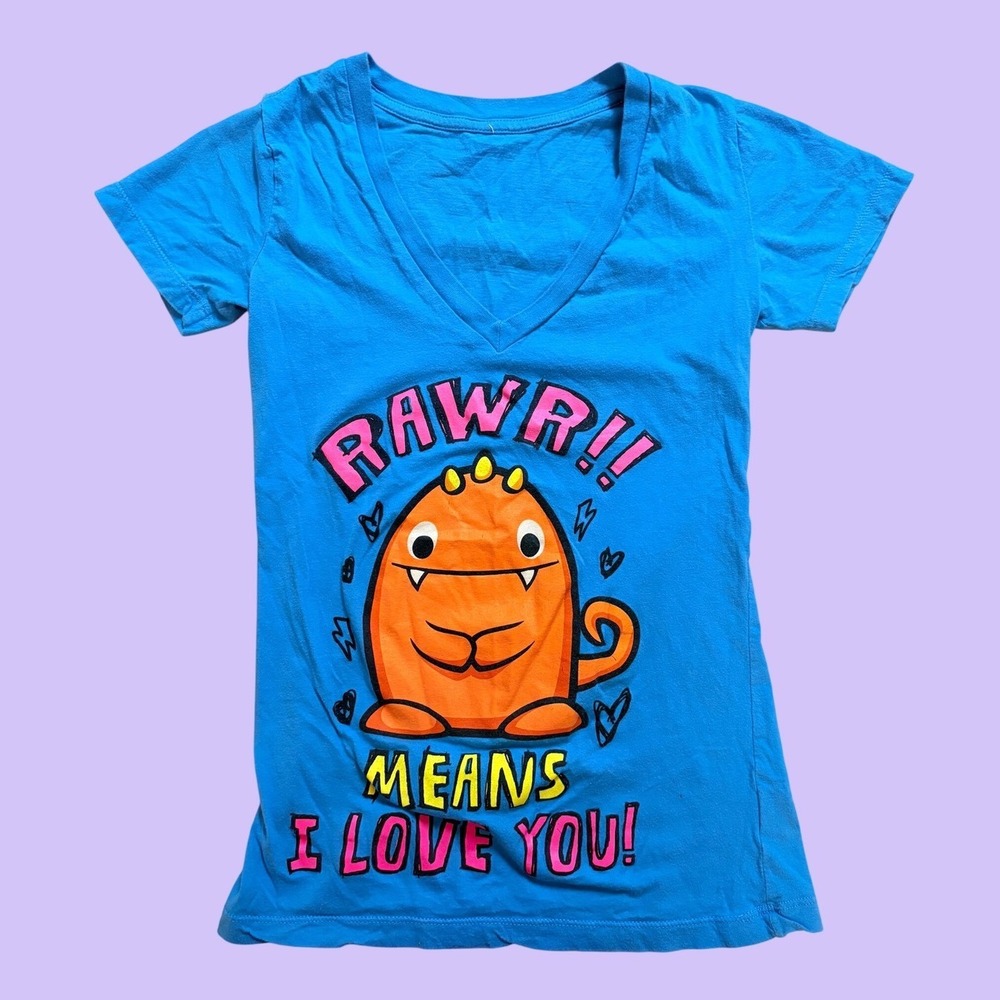 Y2K Rawr Means I Love You Blue V-Neck Graphic Tee Dinosaur Shirt Scene #17